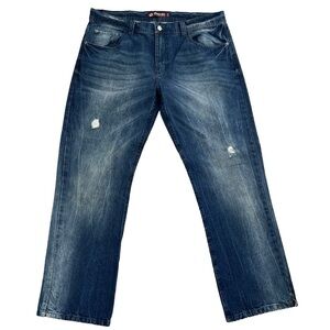 VTG Y2K AKADEMIKS Blue Jeans Mens Size 38x32 Relaxed Fit Leg Slits Straight Leg